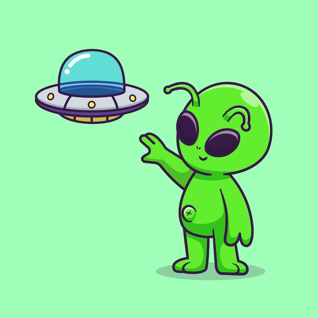 Cute Alien Catching Ufo Spaceship Cartoon Vector Icon Illustration. Science Technology Isolated Flat