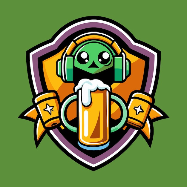 Cute alien character holding a glass of beer