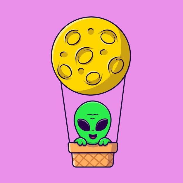 Cute Alien Floating With Hot Air Balloon Moon Cartoon Vector Icons Illustration