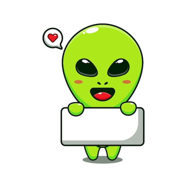 cute alien holding greeting banner cartoon vector illustration