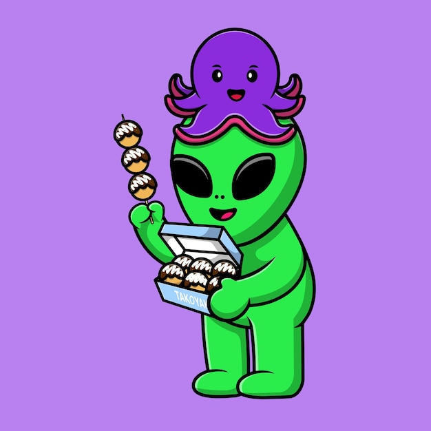 Cute Alien Holding Takoyaki With Octopus Cartoon Vector Icon Illustration