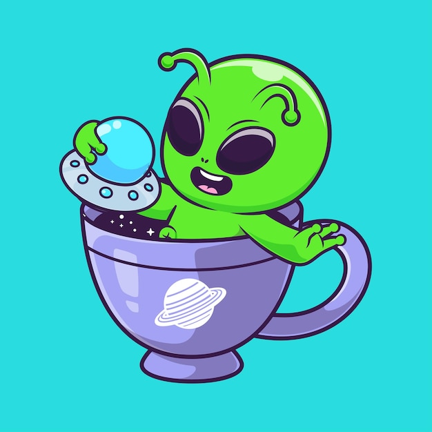 Cute Alien Holding Ufo In Coffee Space Cartoon Vector Icon Illustration Science Drink Isolated Flat