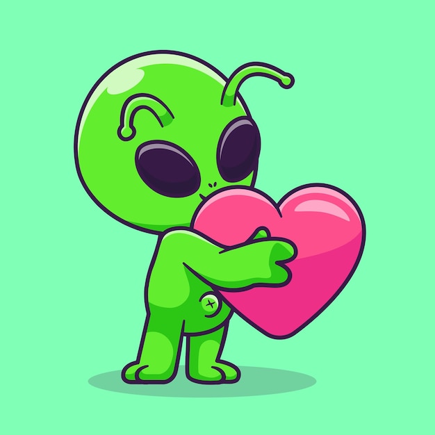 Cute Alien Hug Love Heart Cartoon Vector Icon Illustration Science Technology Icon Concept Isolated