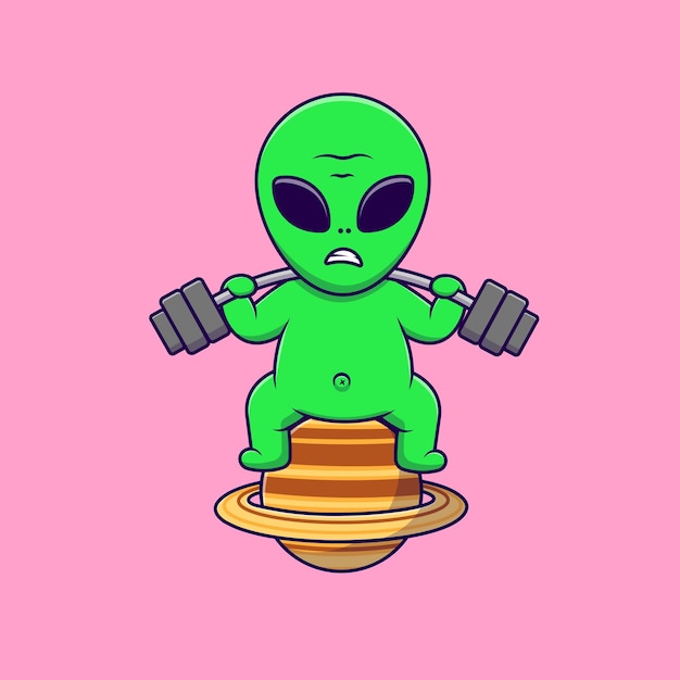 Cute Alien Lifting Barbell On Planet Cartoon Vector Icons Illustration