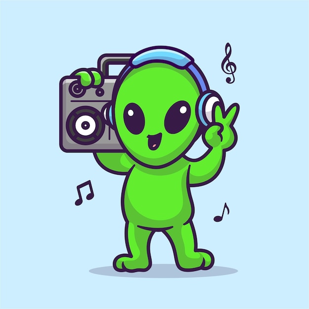 Cute Alien Listening Music With Boombox And Headphone Cartoon Vector Icon Illustration Science Tech