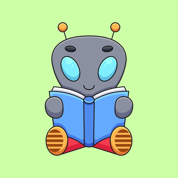 Cute alien reading book cartoon mascot doodle art hand drawn concept vector kawaii icon illustration