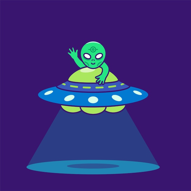 Cute alien riding ufo cartoon illustration