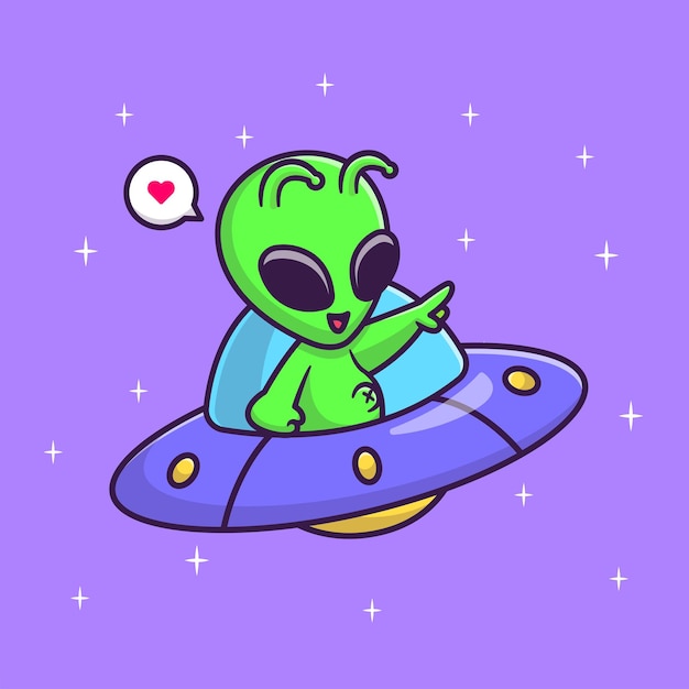 Cute Alien Riding Ufo Pointing Star Cartoon Vector Icon Illustration. Science Technology Icon Flat