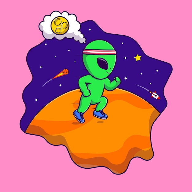 Cute Alien Running On Planet Cartoon Vector Icons Illustration