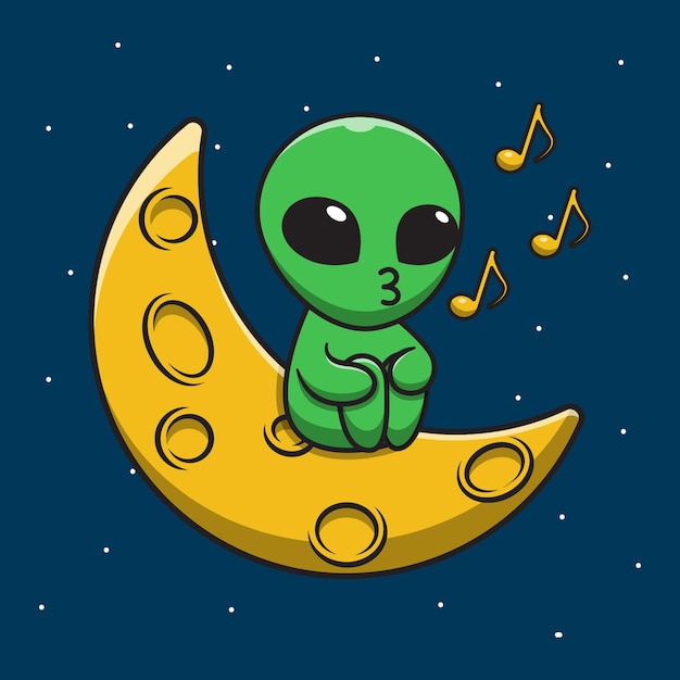 Cute Alien Singing on Moon Cartoon Illustration