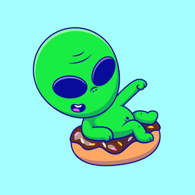 Cute Alien Sitting On Doughnut Cartoon Vector Illustrations