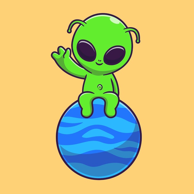 Cute Alien Sitting On Planet with Waving Hand Cartoon Vector Icon Illustration. Science Technology Icon Concept Isolated Premium Vector. Flat Cartoon Style