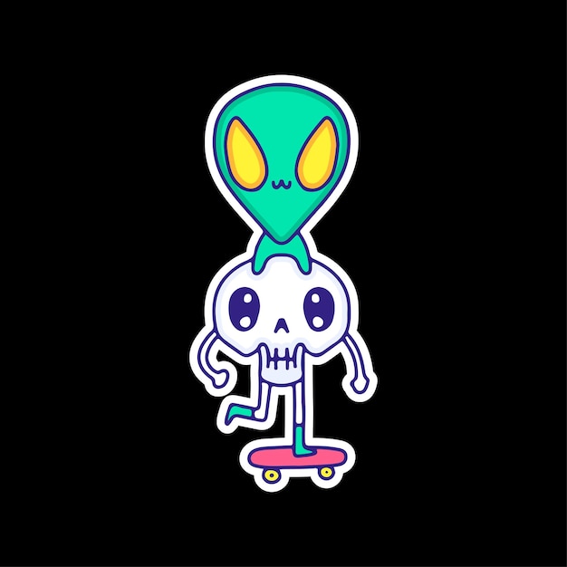 Cute alien and skull character riding skateboard, illustration for t-shirt, sticker