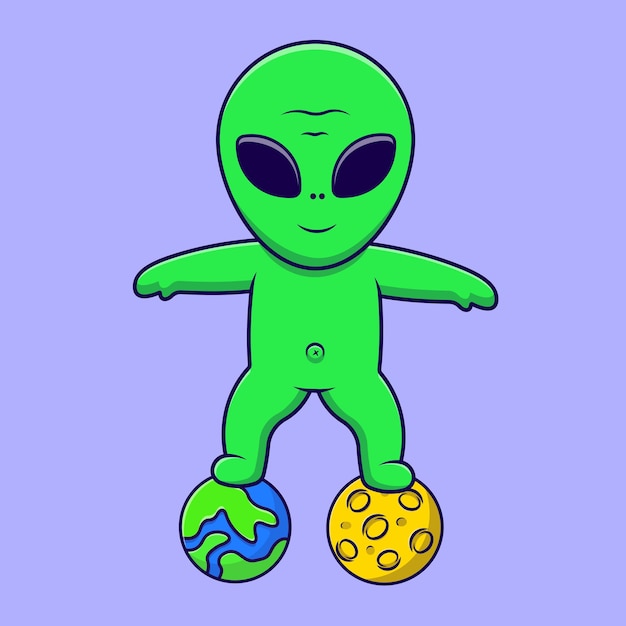 Cute Alien Standing On Planet Cartoon Vector Icons Illustration