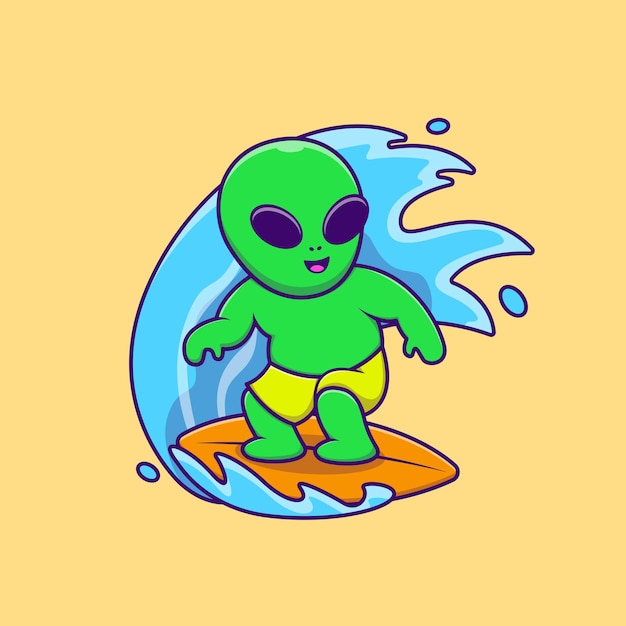 Cute Alien Surfing With Surfboard Cartoon Vector Icons Illustration Flat Cartoon Concept