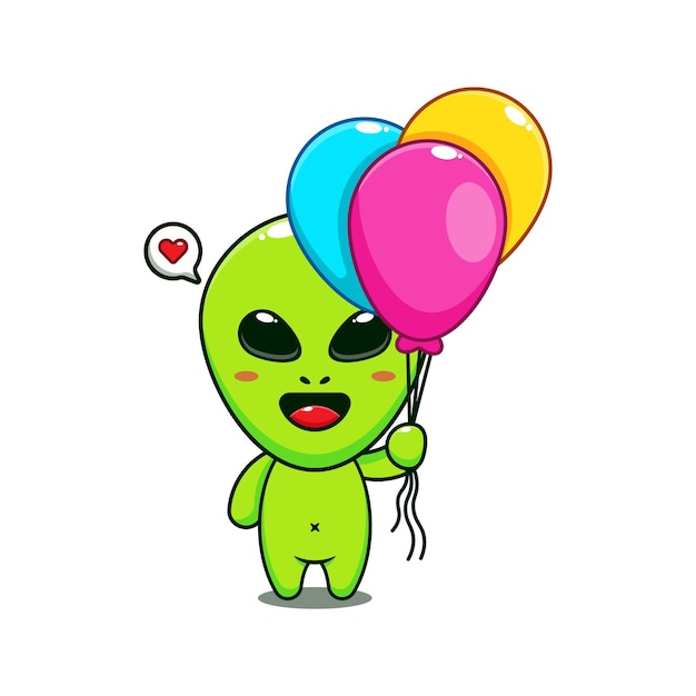 cute alien with balloon cartoon vector illustration