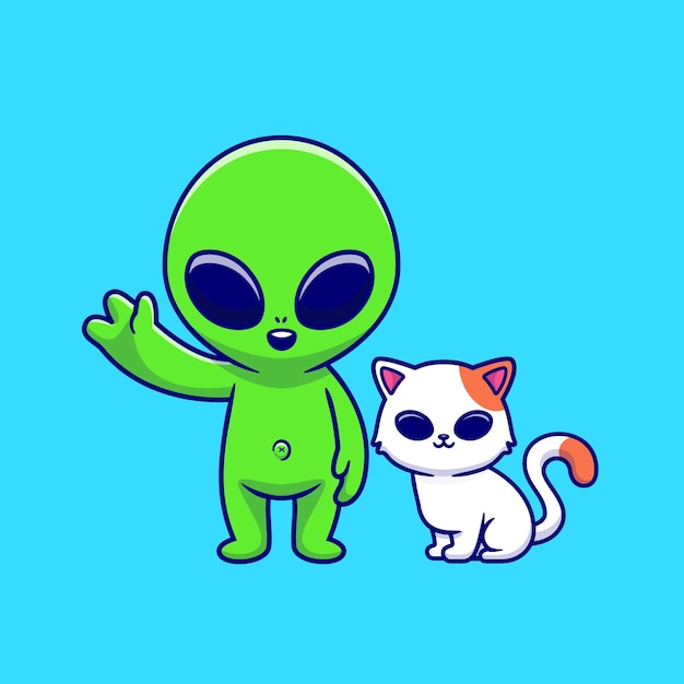 Cute Alien with Cat Cartoon   Illustration. Science Animal  Concept Isolated  . Flat Cartoon Style