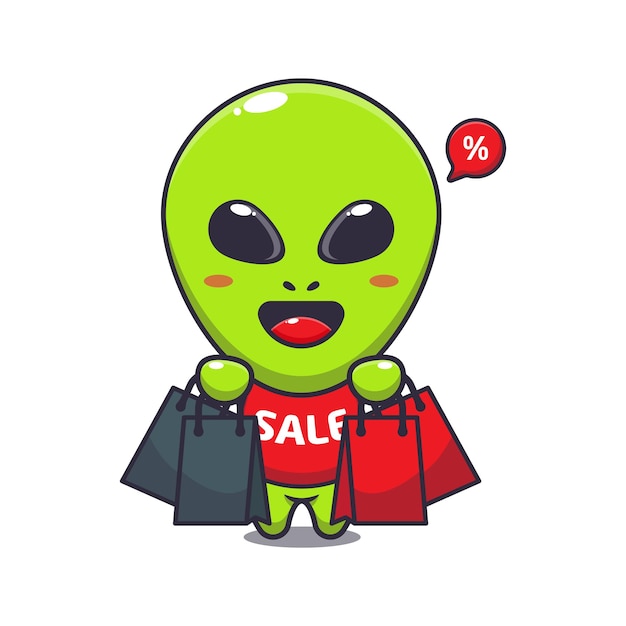 cute alien with shopping bag in black friday sale cartoon vector illustration