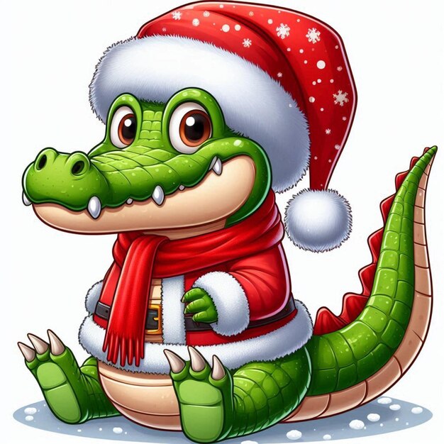 Vector a cute alligator sitting christmas holiday santa hat vector cartoon illustration white background