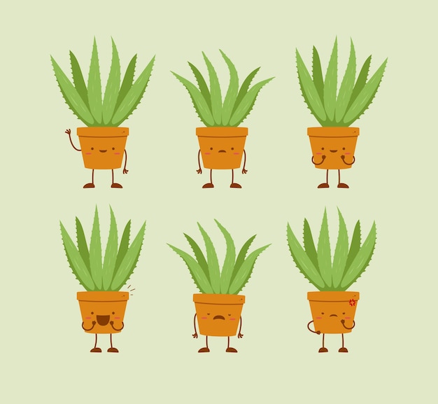 Cute aloevera plant on pot cartoon character mascot set vector illustration