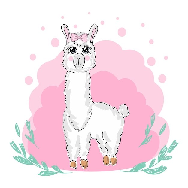 Cute alpaca in cartoon hand drawn style Vector illustration of lama animal isolated on white background