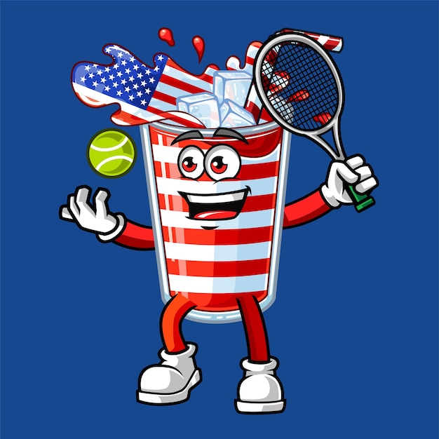 Cute America drink flag playing tennis vector mascot illustration