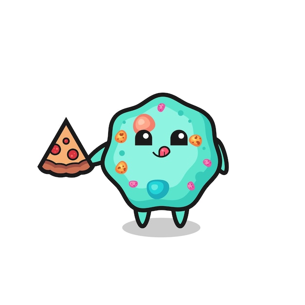 Cute amoeba cartoon eating pizza