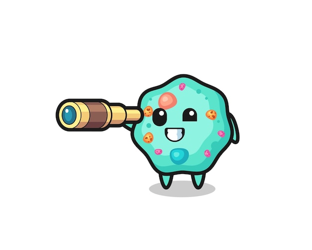 Cute amoeba character is holding an old telescope