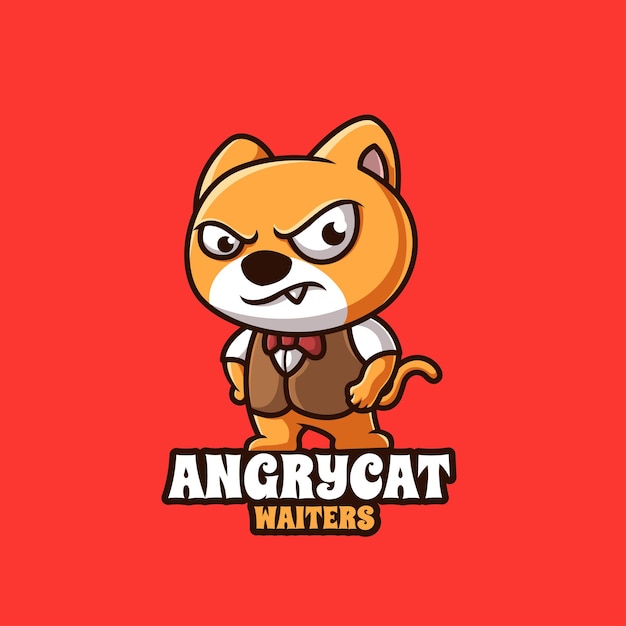 Cute Angry Cat Waiters Cartoon Creative Logo Design