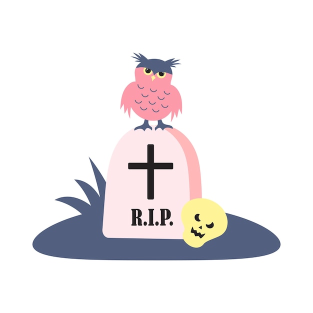 Cute angry owl sitting on a tombstone Grave and skull Halloween concept Pastel colors