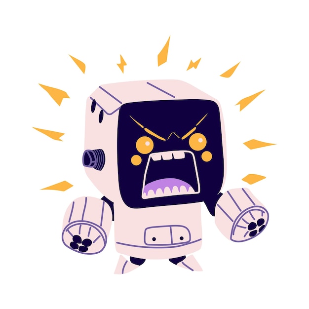 Cute angry robot in retro futuristic style Android bot character smart machine