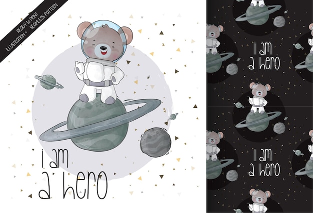 Cute animal astronauts bear in space seamless pattern and card