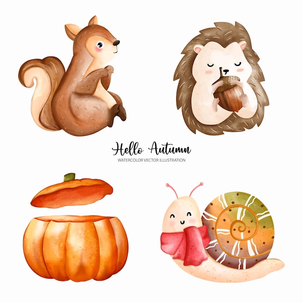 Cute Animal autumn watercolor Thanksgiving Vector illustration FAll theme set Thanksgiving dayxDxA