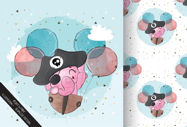 Cute animal baby elephant pirate character seamless pattern