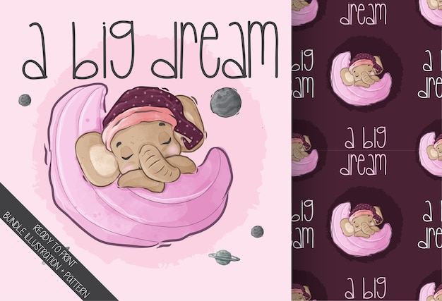 Cute animal baby elephant sleep on the moon seamless pattern. Cute cartoon animal.