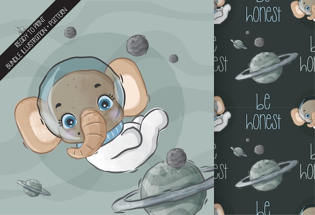 Cute animal baby elephant on the space with seamless pattern