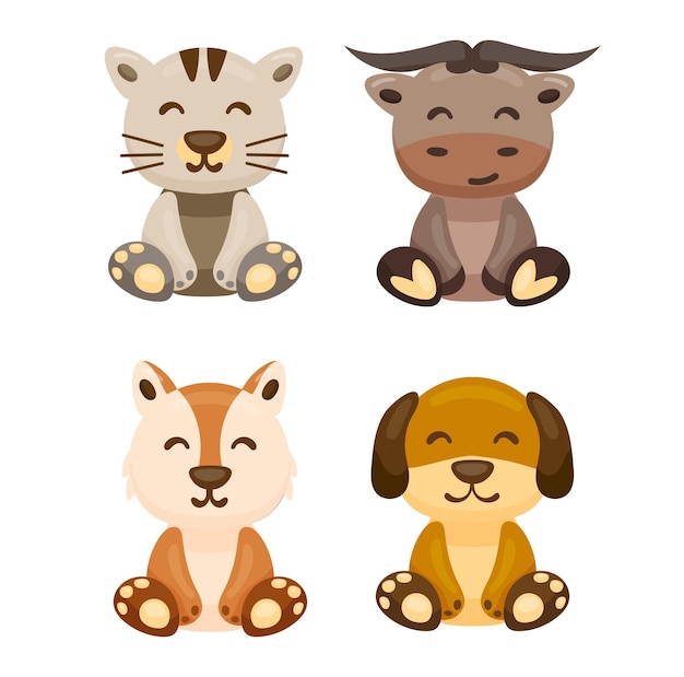 Cute animal baby illustration set vector cat buffalo husky dog