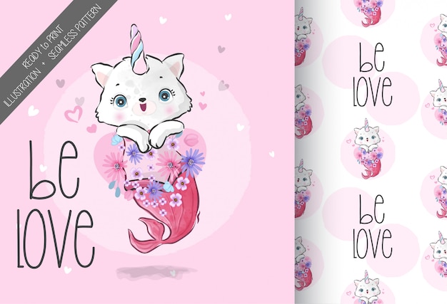 Cute animal baby kitten mermaid with seamless pattern