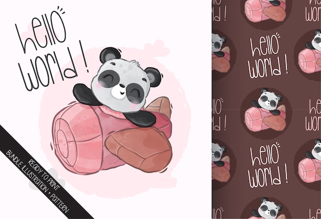 Cute animal baby panda on the airplane seamless pattern