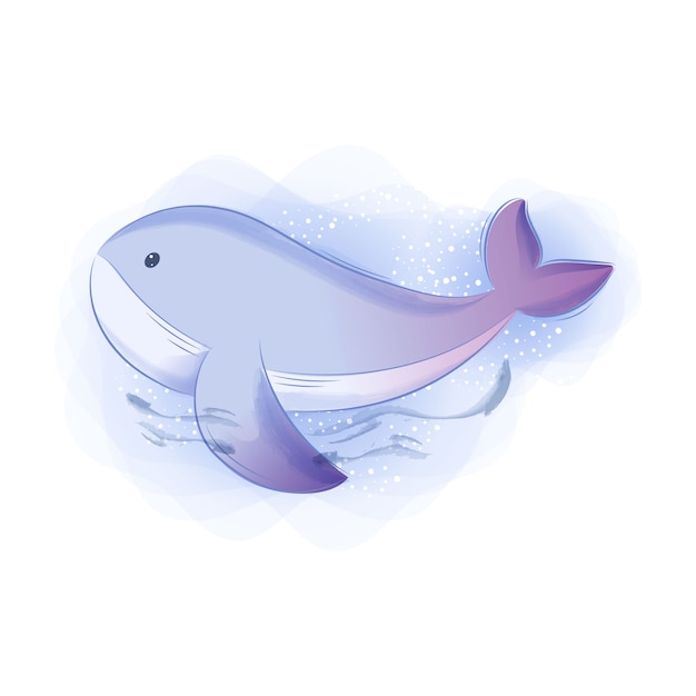 Cute animal blue whale watercolor illustration