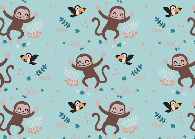 Vector cute animal cartoon pattern with monkey and toucan in the jungle