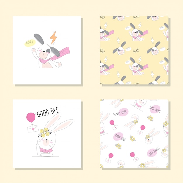 cute animal cartoon set seamless pattern 