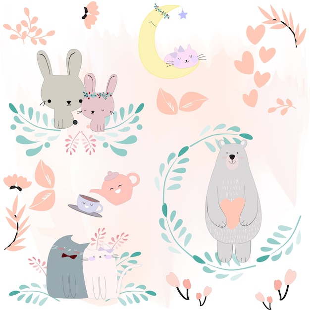 Cute animal cartoon spring blossom theme