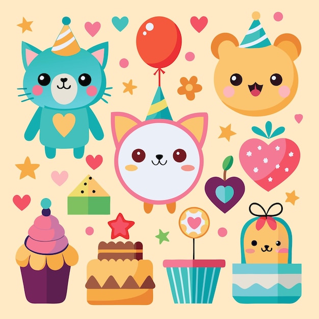 Vector cute animal characters in party hats celebrating with cake cupcakes balloons and gifts