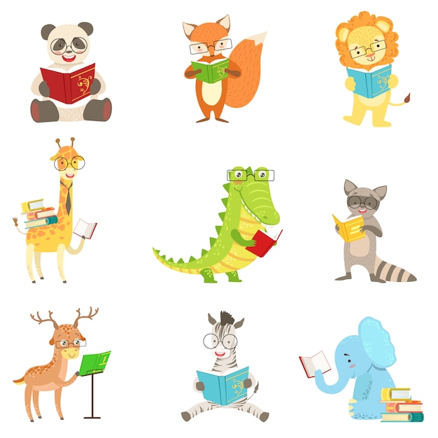 Cute Animal Characters Reading Books Set