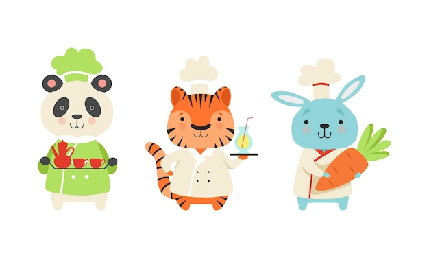 Vector cute animal chefs characters set panda bear tiger bunny in uniform cooking tasty dishes cartoon vector illustration