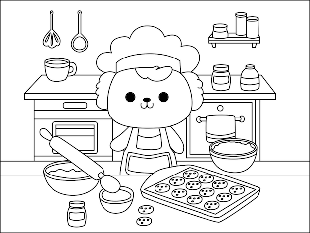 Vector cute animal cooking coloring book page vector illustration