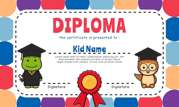 Cute animal diploma certificate colorful background design template icon illustration