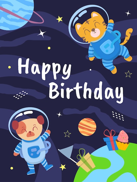 Cute animal dog and tiger astronaut in outer space congratulation happy birthday