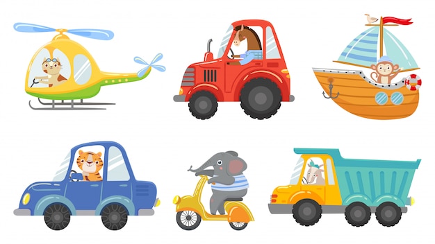 Cute animal drivers. Animal driving car, tractor and truck. Toy helicopter, sailboat and urban scooter cartoon vector illustration set